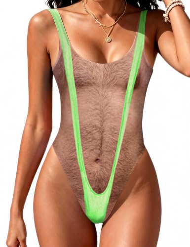 Deresagrl One Piece Swimsuits for Women Hairy Chest Bathing Suit Funny Novelty Fake Muscles Beachwear Borat Swimsuit Green Medium