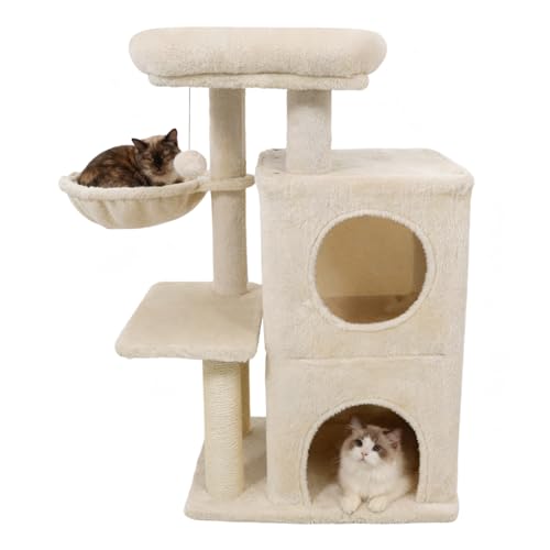 Torre para gato con condo y postes de sisal beige miniatura 1