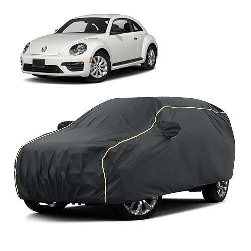 Image of Sulfar 100% Water Resistant Car Body Cover Compatible with Mirror for Volkswagen Beetle (Triple Stitched, Full Bottom Elastic, Dark Grey Taffeta with Yellow Piping)