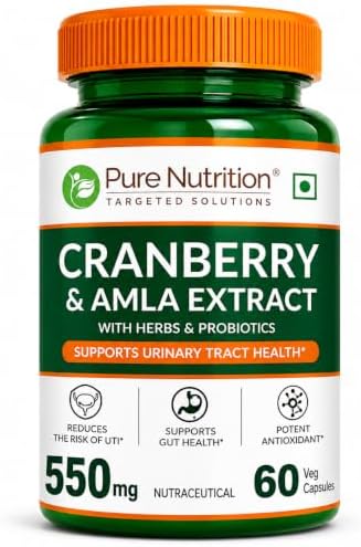 Pure Nutrition Cranberry Supplements | Cranberry & Amla Extract with 3 Billion CFU Probiotics | Cranberry Capsules for Women & Men With Natural Antioxidants | Dietary Supplement with Herbal Extracts & Probiotics | 550mg – 60 Veg Capsules