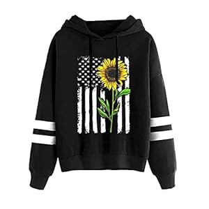 TICTICMIMI Women Sunflower Print Sweatshirts Color Block Long Sleeve Hoodies Lightweight Drawstring Pullover Tops