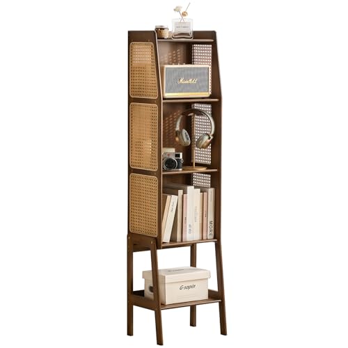 Welnow Bamboo Rattan Bookcase with Cabinet, 3-Tier Storage Shelf with Side Table & End Table Function, Large Modern Wood Organizer for Living Room or Bedroom, Walnut Bookshelf