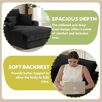 Oversized Chaise Lounge Chair Indoor, Boneless Chaise Lounges with Cup Holders & 3 Pillows, Modern Corduroy Sleeper Sofa Cloud Couch Chair with Wide Arms, No Assembly Required (Black, 48")