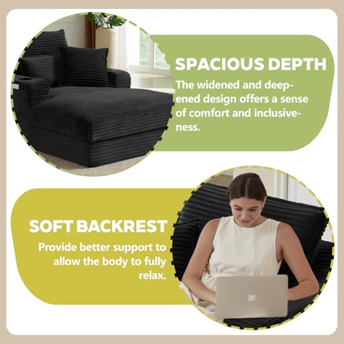 Oversized Chaise Lounge Chair Indoor, Boneless Chaise Lounges with Cup Holders & 3 Pillows, Modern Corduroy Sleeper Sofa Cloud Couch Chair with Wide Arms, No Assembly Required (Black, 48")