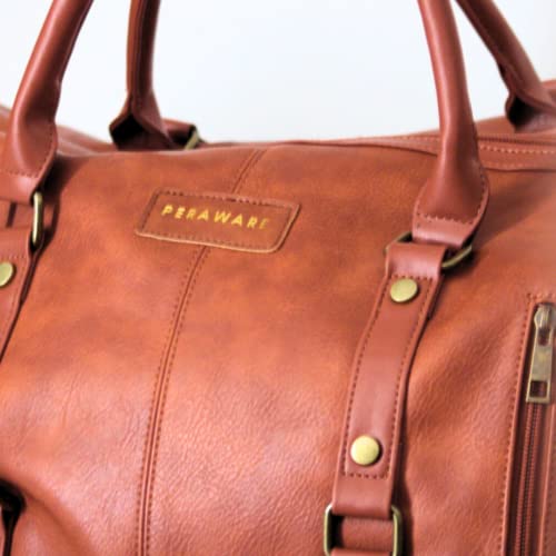 Leather Travel Bag Vacation Luggage Duffle Waterproof Overnight Weekender Bag for Men and Women Airplane Personal Item Large Compartment Day Trip Travel Tote Duffel Carry On Bag (Brown)4