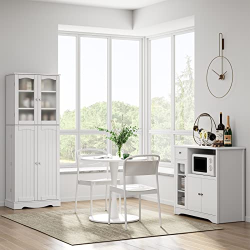 Horstors 64" Kitchen Pantry Cabinet, Modern Tall Cabinet With Glass Doors And Adjustable Shelves, Freestanding Utility Storage Cabinet Cupboard For Kitchen, Living Room, Dining Room, White #TOP3