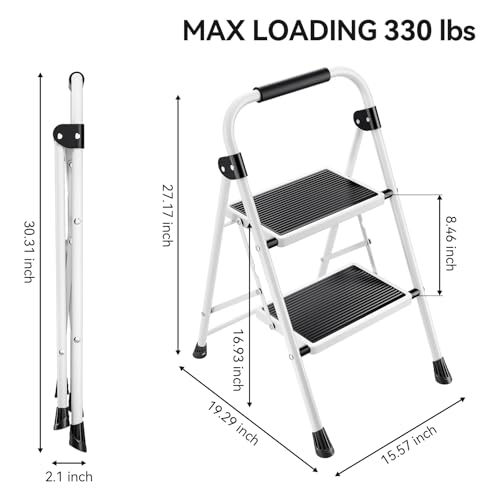 KINGRACK 2 Step Ladder, Folding Step Stool with Anti-Slip and Wide Pedal, Lightweight Stepladder with Handrails, Portable for Kitchen, Household, White by KINGRACK - Image 6