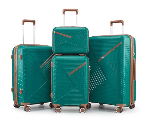 PanTuo Luggage Sets 4 Piece(14/20/24/28), Expandable Lightweight Suitcase with 4 Double 360 Degrees Mute Spinner Wheels, PP Materials Durable TSA Lock Travel Luggage, Coral+Green, Expandable