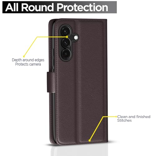 Image of Pikkme Flip Cover Leather Finish | Inside TPU with Card Pockets | Wallet Stand and Shock Proof | Complete Protection Button Flip Case for Samsung Galaxy A56 5G(Coffee)