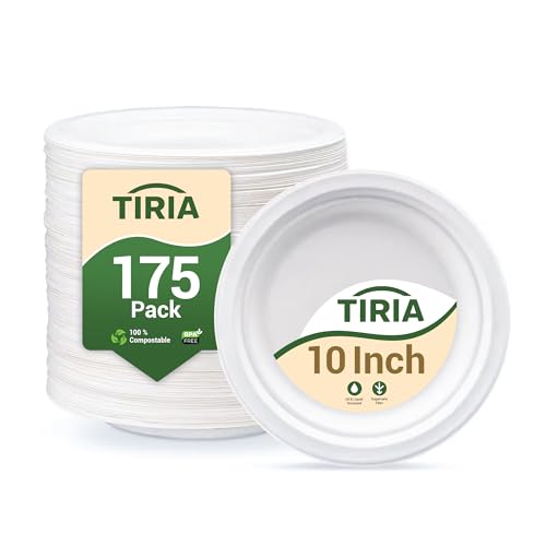 TIRIA 100% Compostable Disposable Plates Heavy Duty 10 Inch 175