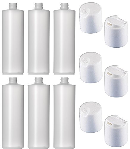6 Pack Refillable 16 Ounce HDPE Squeeze Bottles With Press Disc Caps