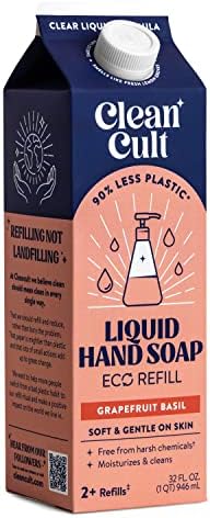 Cleancult Liquid Hand Soap Refills (32oz, 1 Pack) - Hand Soap that Nourishes & Moisturizes - Liquid Soap Free of Harsh Chemicals - Paper Based Eco Refill, Uses 90% Less Plastic - Grapefruit Basil