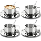 ZENFUN 4 Pack 6.8 oz Coffee Cups Set, 18/8 Stainless Steel Espresso Cup with Saucer and Spoon, Cute Coffee Mugs with Handle, Drinkware Cup for Latte, Cappuccino, Milk, Tea