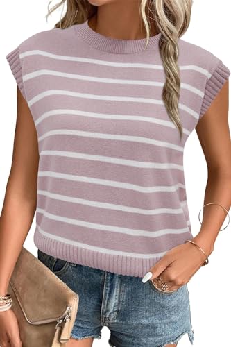 Arach&Cloz Womens Spring Summer Tops 2024 Cap Short Sleeve Striped Fashion Casual Cute Trendy Tank Sleeveless Sweater Vest Pink