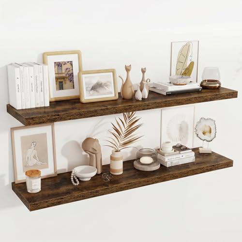 Image of Fun Memories 12 Deep Floating Shelves for Wall, 55W x 12D Extra Large Floating Shelves Set of 2, Hanging Wood Wall Shelves for Living Room, Kitchen, Bedroom, Farmhouse, Laundry Room, Office - Brown