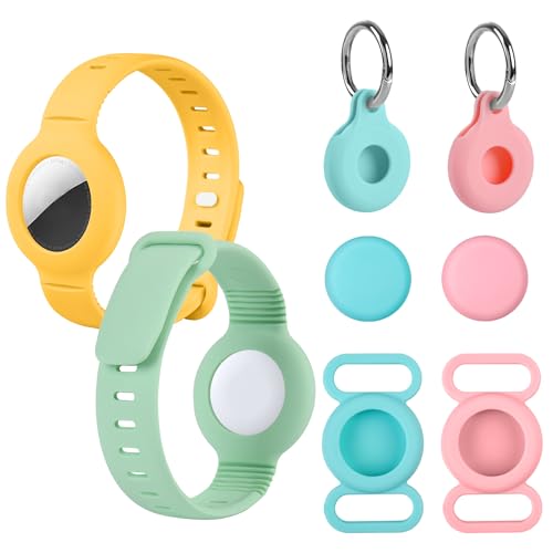 Airtag Bracelet for Kids Adjustable Airtag Watch-Style Wristband, Waterproof Silicone Airtag Holder, Compatible with Apple Airtag, 2-Pack / 8-Pack air tag Bracelet (Yellow/Green 8-Pack)