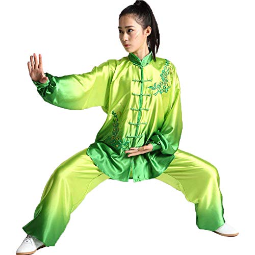 G-LIKE Tai-Chi Uniform Damen Anzug - Chinesische Kampfkunst Taiji Wushu Wing Chun Shaolin Kung Fu Training Kleidung Farbverlauf Farbübergang Lange Ärmel Set (Gruen, M)