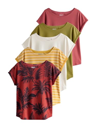 NEXT Damen 5er-Pack T-Shirts mit Flügelärmeln Pink/Green/White/Yellow Stripe/ Palm Print M