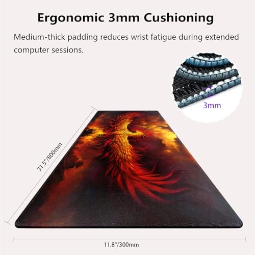 knseva. Large Gaming Mouse Pad with Stitched Edges, Abstract King Bird Phoenix After Fire Shower Renascence, Anti-Slip Rubber Base & Waterproof Fabric Surface XXL Extended Desk Mat