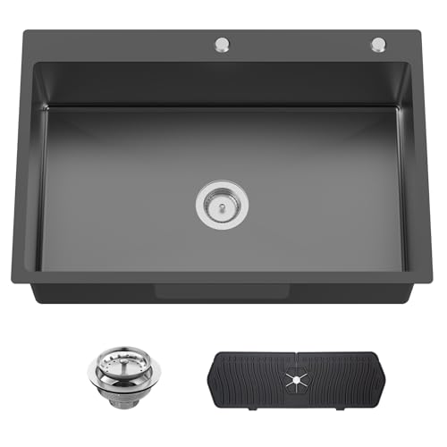 Black 33x22 Inch Stainless Steel Kitchen Sink - Drop In Modern Single Bowl Topmount Kitchen Sink With Silicon Mat,Drain Strainer Set Offering Large Basin Compatibility With Various Kitchen&Bar Style