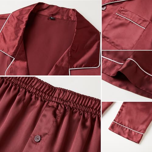 JupiterSecret Mens Satin Pajamas Set Long Sleeve Button Down Silky Pjs Sets 2 Pieces Sleepwear with Pockets (Red,M)