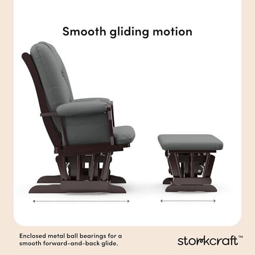 Image of Storkcraft Tuscany Glider and Ottoman with Lumbar Pillow, Espresso /Gray | GREENGUARD Gold Certified, Bonus Lumbar Cushion Included, Solid Wood Base, Smooth Motion, Award-Winning Nursery Rocking Chair