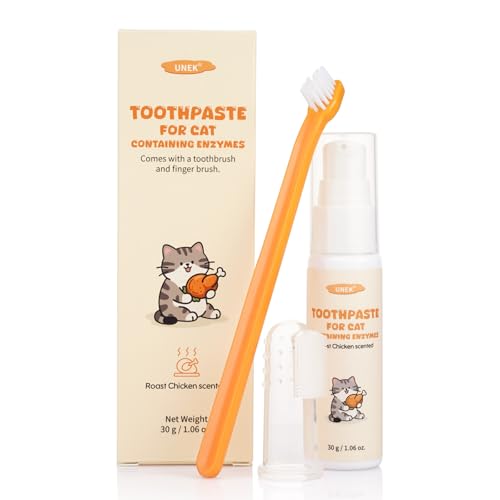UNEK Kit de soins dentaires pour chat – Dentifrice enzymatique 30 g au goût poulet rôti avec brosse à dents et brosse à doigts, Aide à Réduire la Plaque et la Mauvaise Haleine