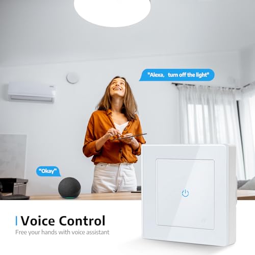 SMARTERCURRY Smart WLAN Lichtschalter 1 Fach 1 Weg Alexa Lichtschalter, gehärtetes Glas Touch Lichtschalter, Timing-Funktion, Weiß, Neutralleiter Erforderlich, 2 Stücke