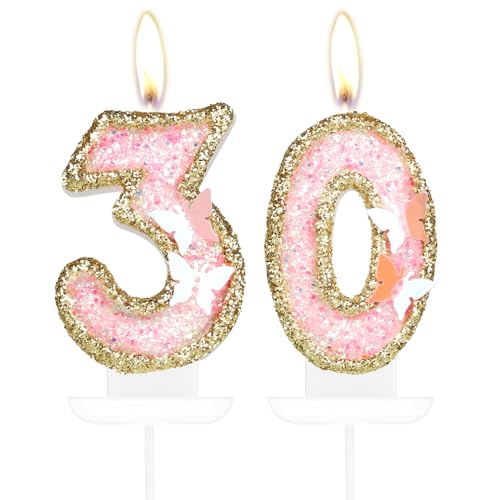 Velas de borboleta com número 30 de 30 aniversários, velas de ouro rosa para bolos, decorações de bolo de 30 anos de meninas, decoração de bolo de borboleta de 30 anos para festa