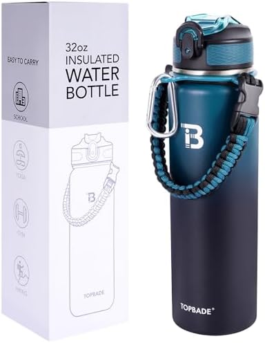 TOPBADE 32oz Water Bottle Stainless Steel with Straw, Insulated Water Bottle with Paracord Handle & Spout Lids, Double Wall Sweat-Proof BPA-Free Metal Insulated Flask BLUE BLACK — view 6