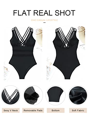 EVALESS Womens Sexy Mesh V Neck One Piece Swimsuits Tummy Control High Waisted Bathing Suits Cross Back Hollow Out Black Swimwear Medium - Image 5