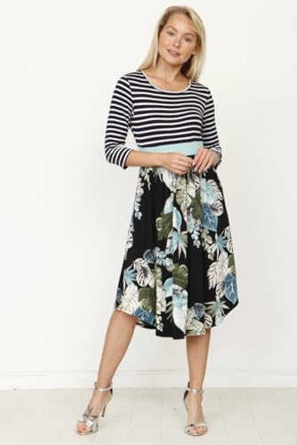 Image of Eloges Women's 3 /4 Sleeve Contrast Waist Band Floral Curved Hem Midi Dress