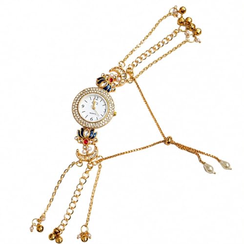 3D EYRANS Designer Bracelet Watch for Women | Kashmiri Kundan Stone & Pearl Chain Analog Watch | Luxury Ethnic Wrist Watch for Girls (Purple/Gold)