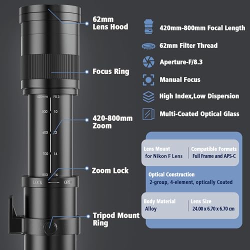 Image of Lightdow F 420-800mm F8.3 Telephoto Zoom Lens - Manual Focus DSLR Cameras Lenses for Nikon D850 D810 D800 D610 D750 D500 D7200 D7500 D7100 D5600 D5300 D600 D3500 D3300 D5200 D5100 D5000 D7000 D700