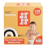 Hello Bello Newborn Premium Diapers, (Size NB - Up to 10 lbs) Surprise Pack for Boys - 128 Count, Hypoallergenic with Soft, Cloth-Like Feel - Assorted Boy & Gender Neutral Patterns