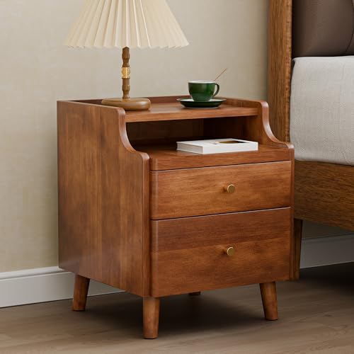 Image of Nightstand with Drawers, Pre-Assembled, 19.7 inch H Natural Solid Wood Night Stand with Open Sliding Shelf, Mid Century Modern Small Bedside Table Cabinet for Bedroom, Walnut, 16 inch