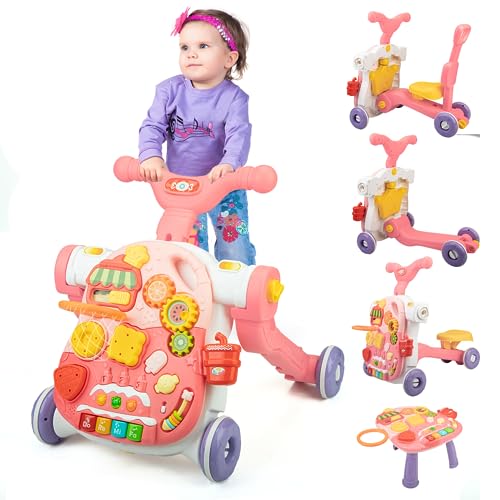 Image of Weezzun Sit-to-Stand Learning Walker with Wheels, 5 in 1 Push & Pull Toy, Activity Center, Sorting & Stacking Toys, Game Table, Rider Mode, for Toddler 1-3,Pink