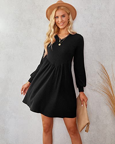 Solersun Long Sleeve Dresses For Women Ribbed Knit V Neck Fall Casual Pleated Midi Flowy Swing Babydoll Dress A-Black L #TOP1