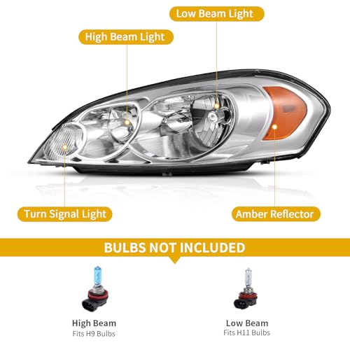 DWVO Headlight Assembly Compatible with 2006-2013 Chevy Impala / 2014-2016 Chevy Impala Limited / 2006 2007 Chevy Monte Carlo Headlamps Replacement Chrome Housing Clear Lens Amber Reflector by DWVO - Used condition - Image 3