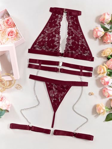 Image of Foxiny Sexy Halter Heart Ring Cutout Chain Floral Lace Sheer Garter Belt Lingerie Set 3 Piece