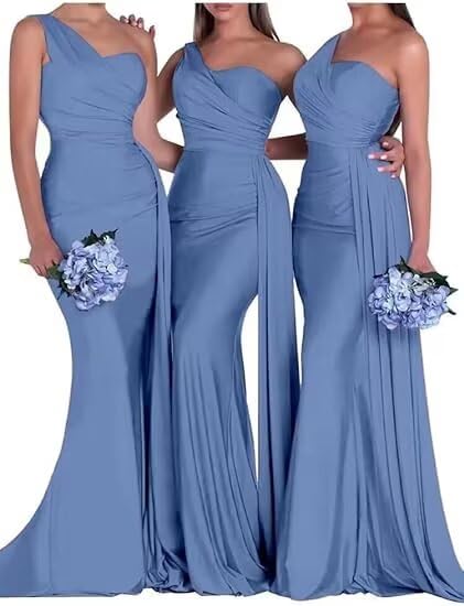 Image of One Shoulder Bridesmaid Dresses for Wedding Long Satin Bodycon Prom Dress Mermaid Formal Evening Gowns