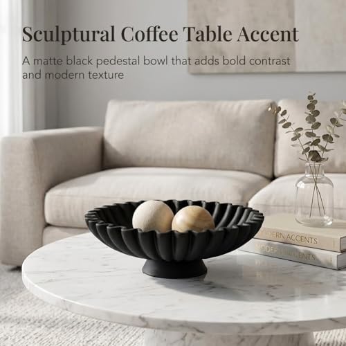UANYEMON 9.5\" Large Decorative Bowl - Scalloped Pedestal Bowls for Home Decor, Key Bowls for Entryway Table, Decorative Fruit Bowl for Kitchen Counter, Resin Black Ruffle Coffee Table Decor
