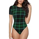 WOEZKEX Women's Crew Neck Crew Sleeve Tops Bodysuit Comfort Green And Black Tartan Plaid Scottish Jumpsuit Fashion T-shirt Tops
