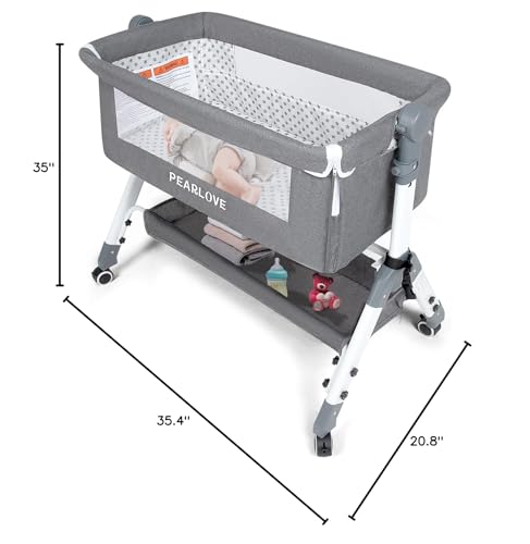 Image of PEARLOVE Bedside Sleeper for Baby - Folding Crib with Storage Basket, Adjustable Height, Soft Mattress and Wheels - Crib for Newborn Infant