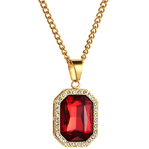 Pendentif rubis glacé acier inoxydable or hip hop homme collier cristaux