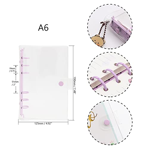 A6 Clear Soft Pvc Binder Cover 6 Purple Round Ring Binders Dia 20Mm Snap Button Closure For A6 Loose Leaf Folder Refillable Notebook Binder Cover Shell #TOP1