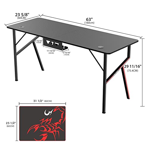 It's_Organized Gaming Desk 63 Inch, K-Shaped Gaming Computer Desk, Carbon Fiber Surface Professional Gamer Workstation With Mouse Pad Cup Holder Headphone Hook Controller Stand, Black #TOP2