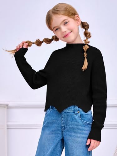 Image of Haloumoning Girls Mock Neck Sweaters Kids Fall Fashion Long Batwing Sleeve Rib Knit Pullover Clothes 5-14 Years