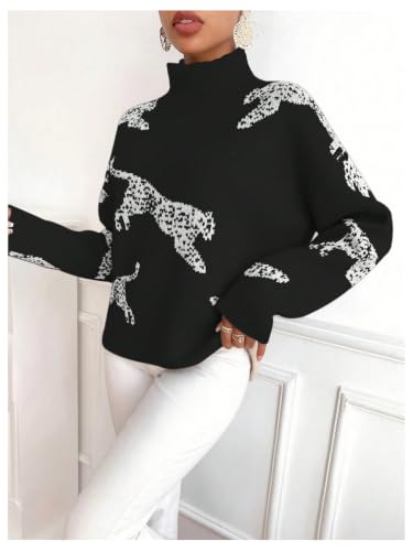 Image of WDIRARA Women's Leopard Tiger Print Sweater High Neck Long Sleeve Fuzzy Knitted Pullover Top