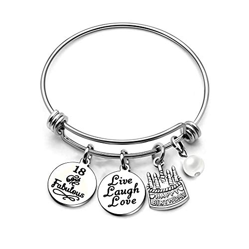 AGR8T Birthday Bangle Bracelets Gifts for Her Happy Birthday Bangles Cake Live Laugh Love Charms Women Girl (18th Birthday R)